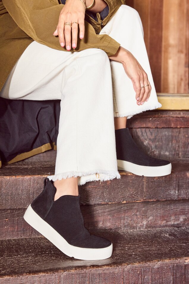 Women's Verona Mid Platform Sneaker in suede black shown.