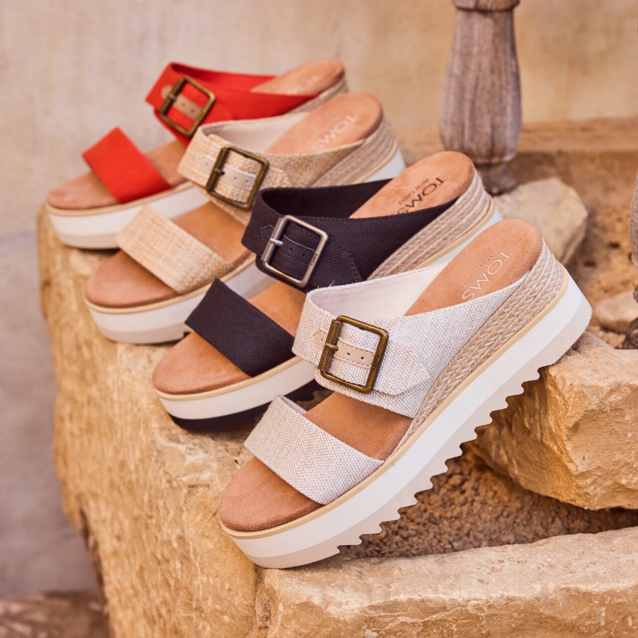 Women's Diana Mule Buckle Wedge Sandals in various colors shown.