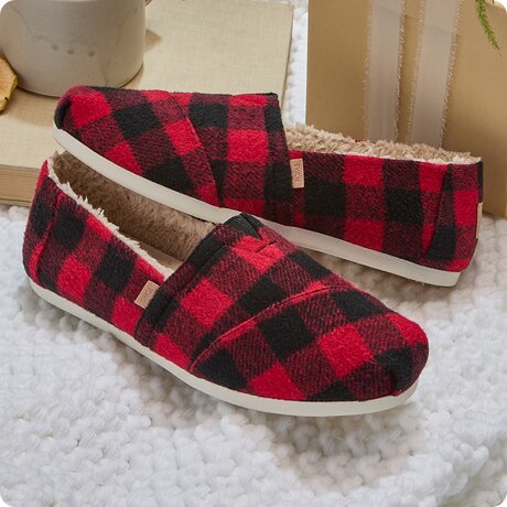 Closeup of Alpargata Classic in Buffalo Plaid Red Faux Shearling.