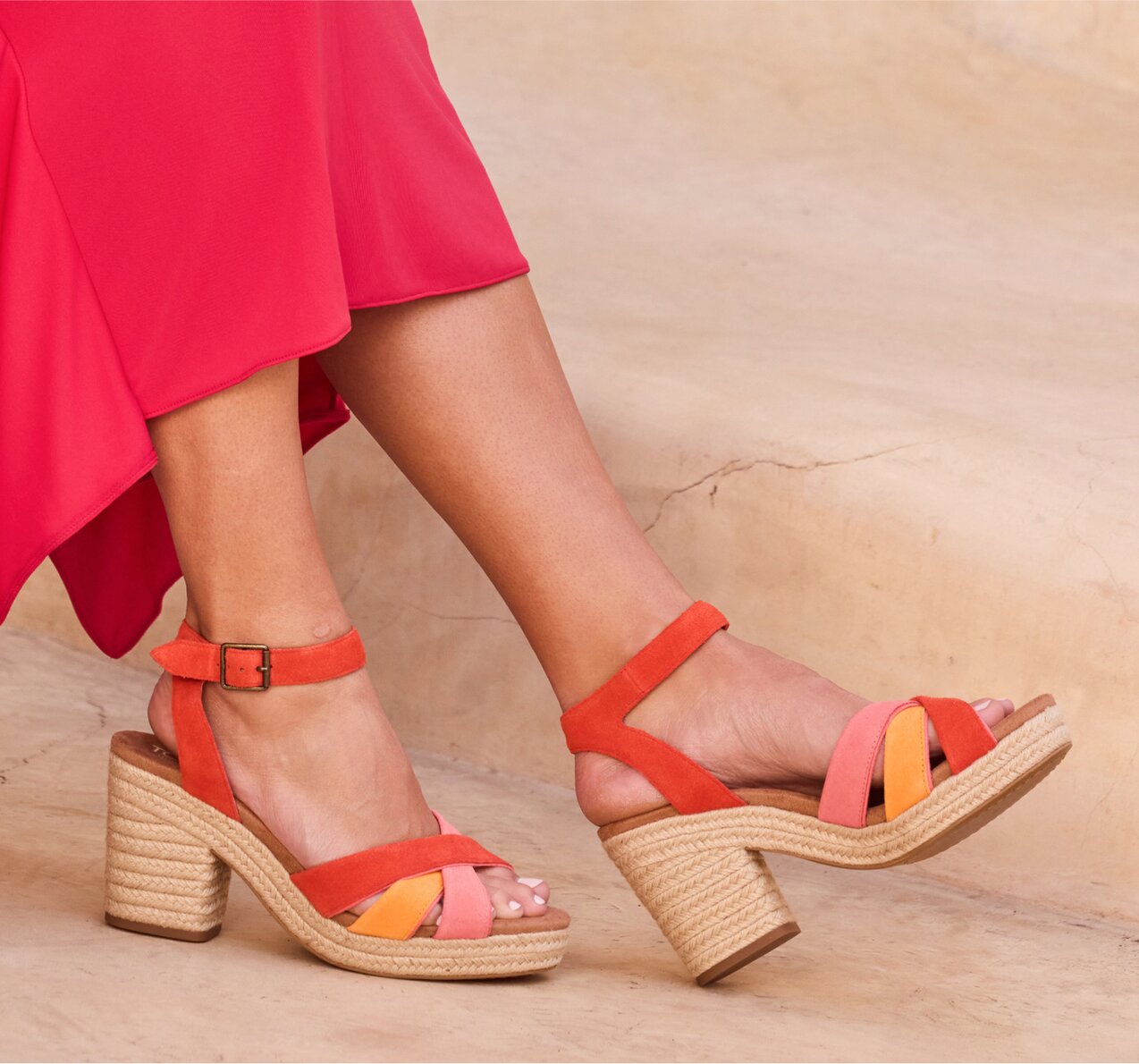 Women's Majorca Rope Strappy Platform Sandal in flame suede shown.