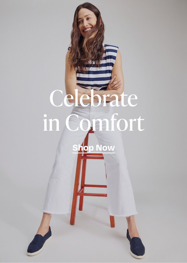 Celebrate in Comfort. Shop Now. Model wearing women's Alpargata Plus in navy heritage canvas shown.