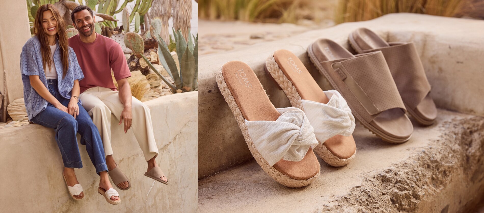 Models wearing Abby Slide Flatform Espadrille Sandal and Danilo Slide Sandal.