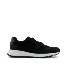 TRVL LITE Retro Runner Sneaker in Water Repellent Black Metallic Suede shown.