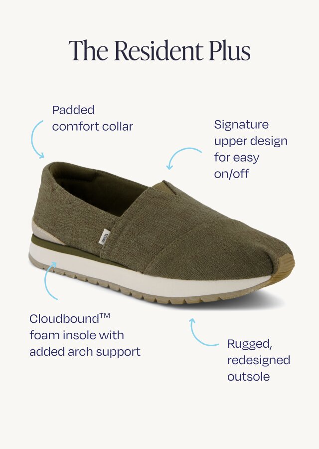 The Resident Plus. Padded comfort collar. Signature upper design for easy on/off. Cloudbound™ foam insole with added arch support. Rugged, redesigned outsole.