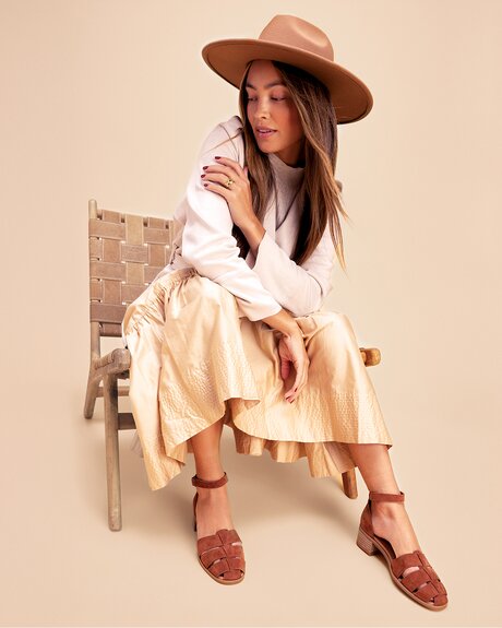 Model wearing women's Majorca Strappy Heeled Sandal in natural yarn dye shown.