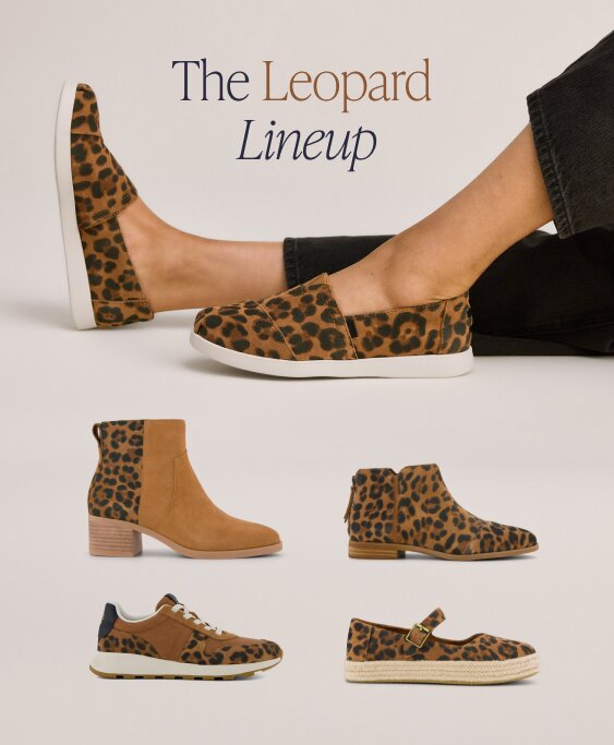 The Leopard Lineup. Various TOMS footwear in leopard prints shown.