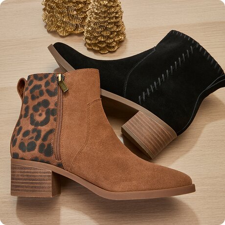 Closeup of Delilah Heeled Boot in Brown Sugar Leopard Suede and Black Suede.