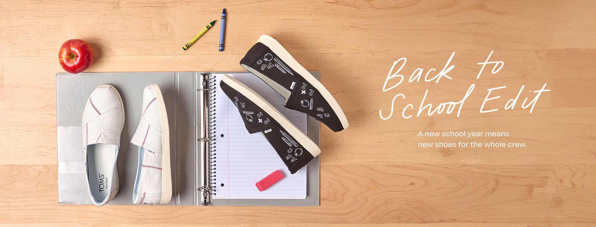 Back to School Edit. A new school year means new shoes for the whole crew. Alpargatas shown with school supplies.