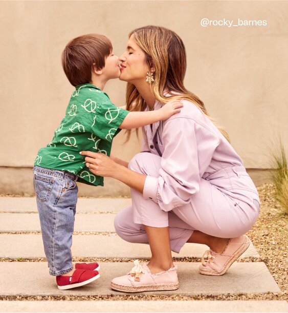 @rocky_barnes. Rocky and her kid wearing various TOMS shoes in various colors shown.
