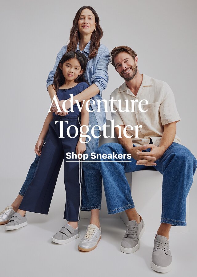 Adventure Together. Shop Sneakers. A family wearing TOMS footwear shown.