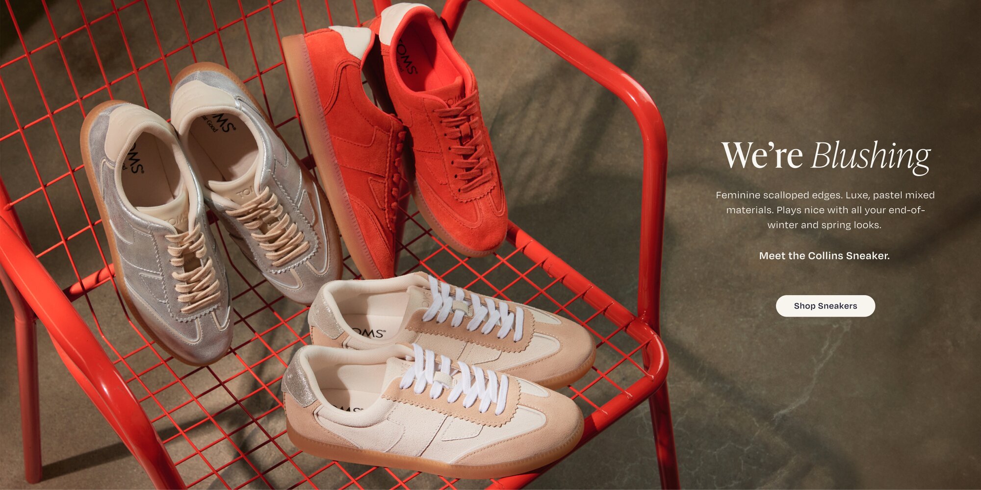 Women's Collins Casual Lace-Up Sneaker in various colors shown. We’re Blushing. Feminine scalloped edges. Luxe, pastel mixed materials. Plays nice with all your end-of-winter and spring looks. Meet the Collins Sneaker. Shop Sneakers.