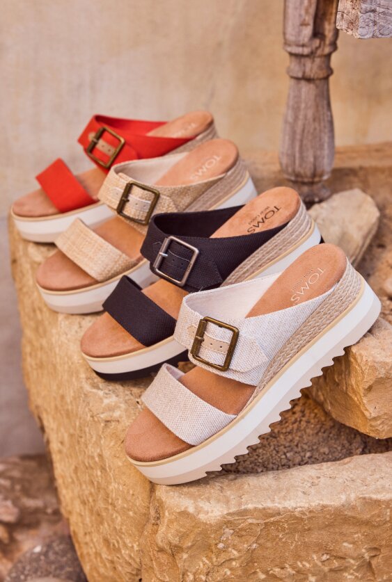 Women's Diana Mule Buckle Wedge Sandals in various colors shown.