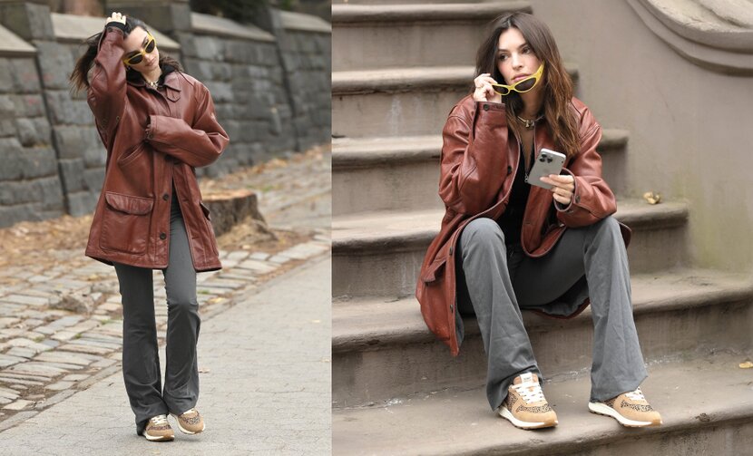 Emily Ratajkowski wearing the TRVL LITE Retro Runner Sneaker in Tan Mini Cheetah shown.
