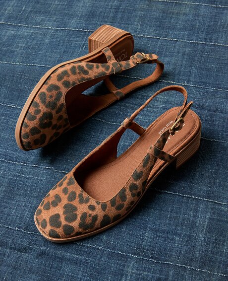 Jaclyn Slingback Heel in Brown Sugar Leopard Print Suede shown.