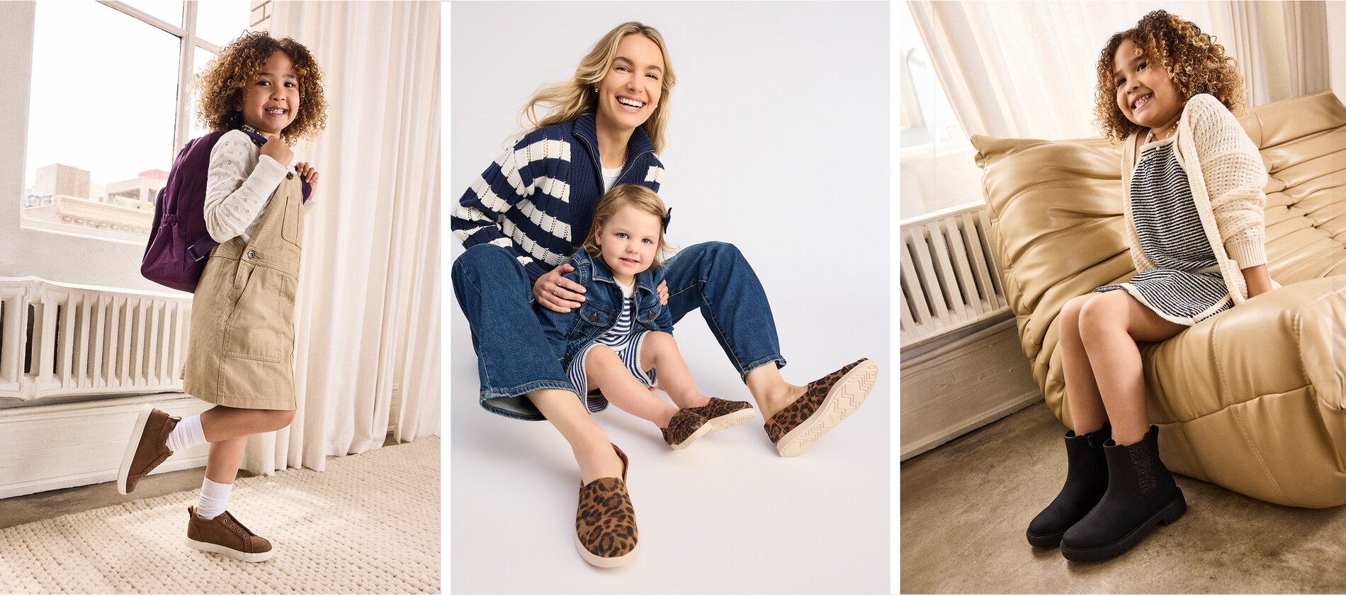 Models wearing various Kids' shoe styles.