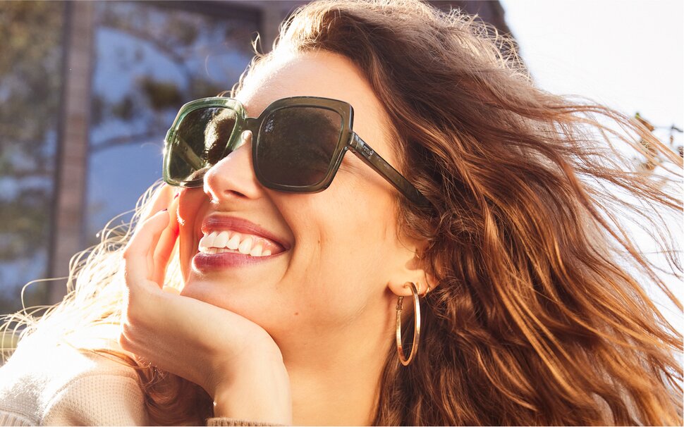 Model wearing Athena Traveler Sunglasses shown.