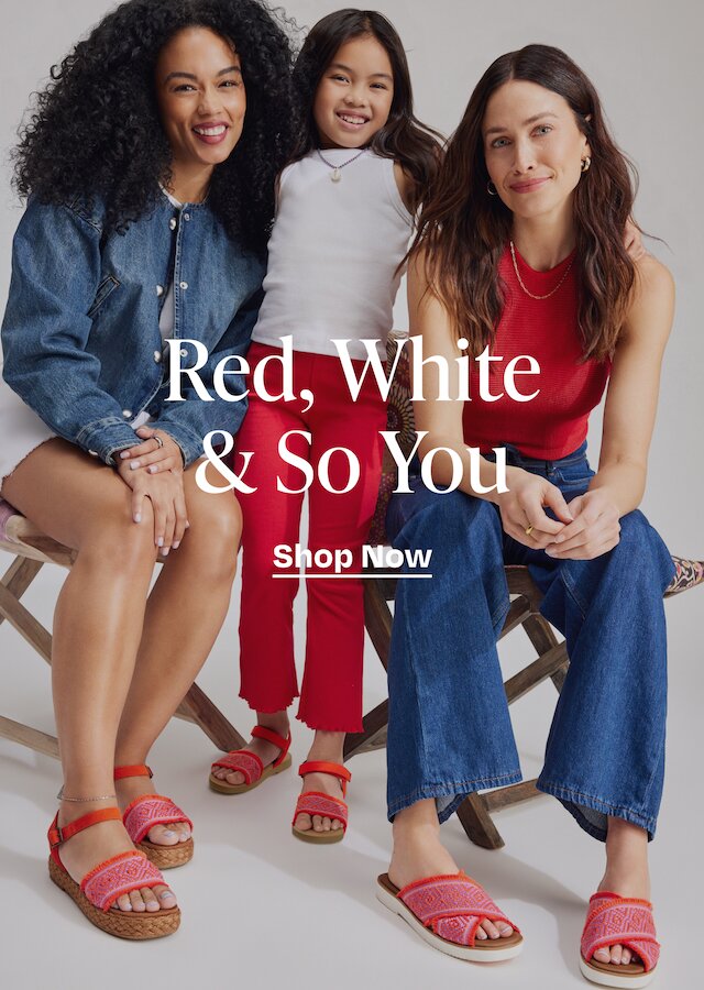Red, White & So You. Shop Now. Models wearing TOMS footwear shown.