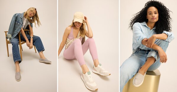 Models wearing the Alpargata Plus, TRVL LITE Sneaker, and Kameron Slip On shown.