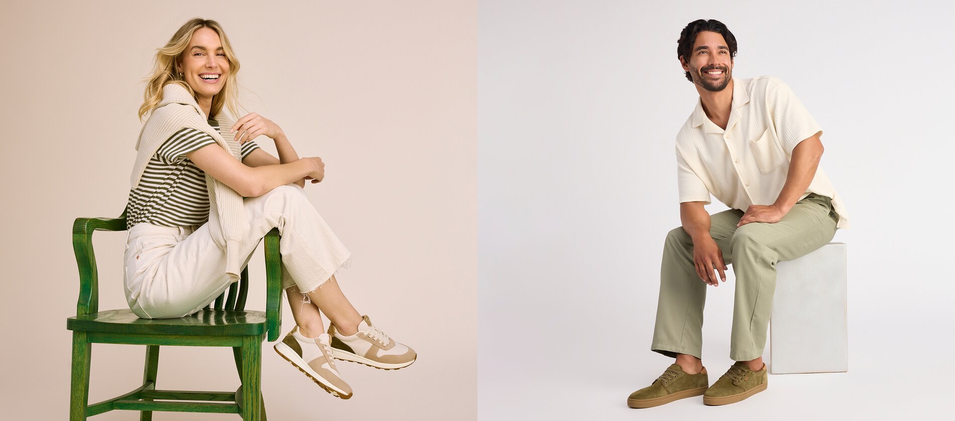 Models wearing Women's TRVL LITE Retro Runner Sneaker in Water Repellant Oatmeal Suede and Metallic Leather and Men's Carlo 2.0 Lace-Up Sneaker in Military Olive Perforated Suede.