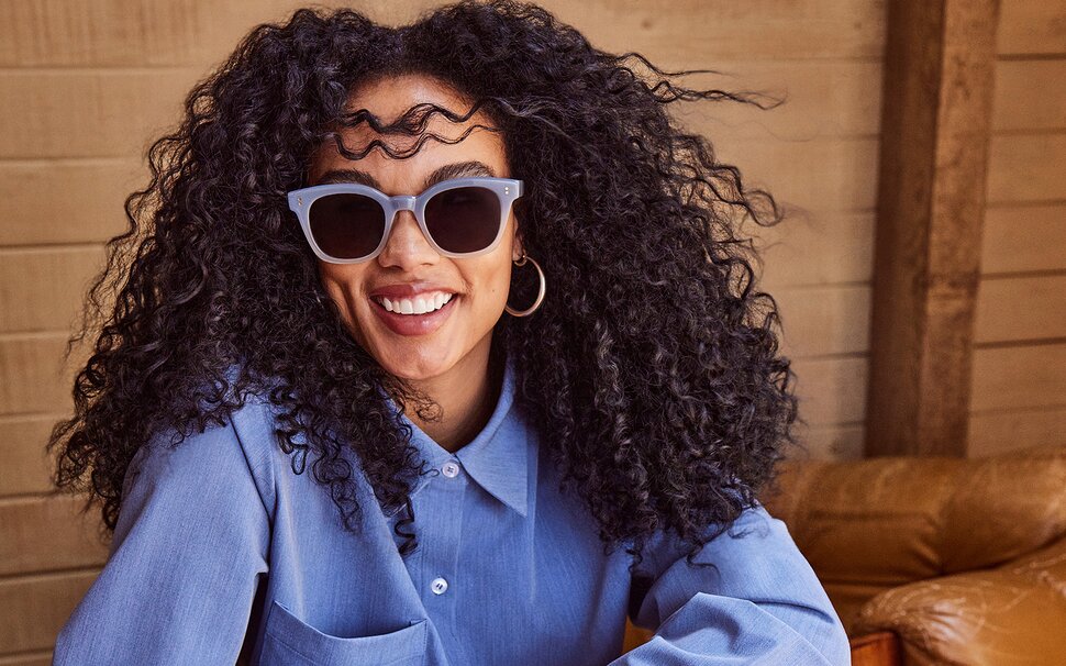 Model wearing TOMS Rome Handcrafted Sunglasses shown.