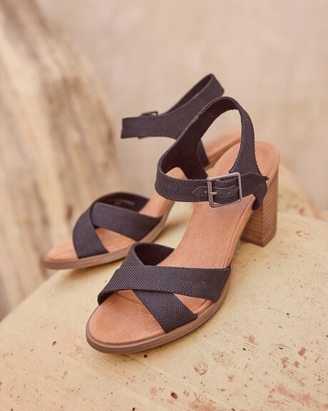 Women's Majorca Strappy Heeled Sandal in black woven melange shown.