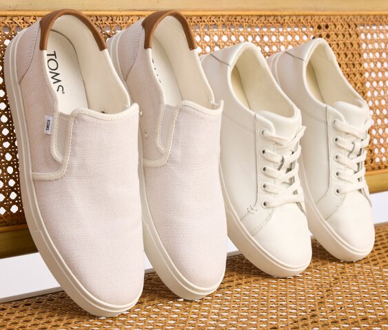 Various TOMS footwear shown.