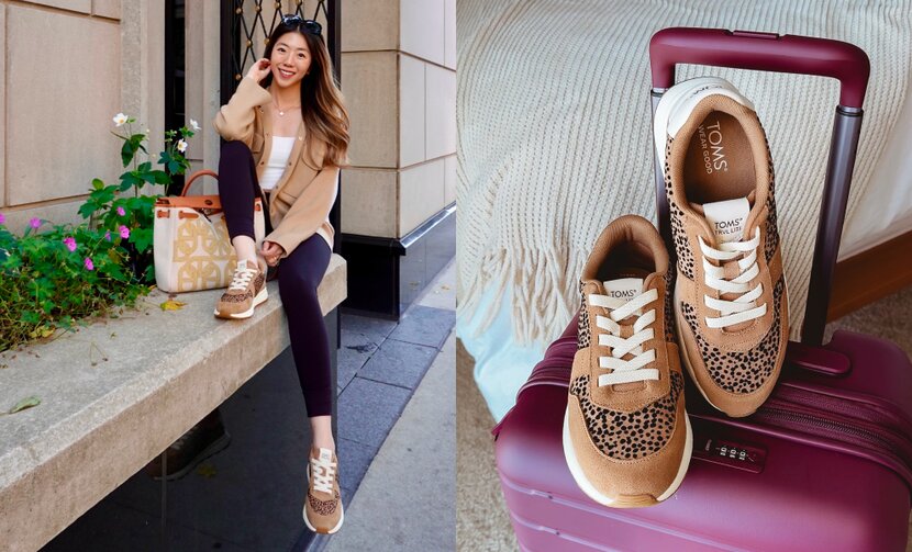 Model wearing the TRVL LITE Retro Runner Sneaker in Tan Mini Cheetah shown.