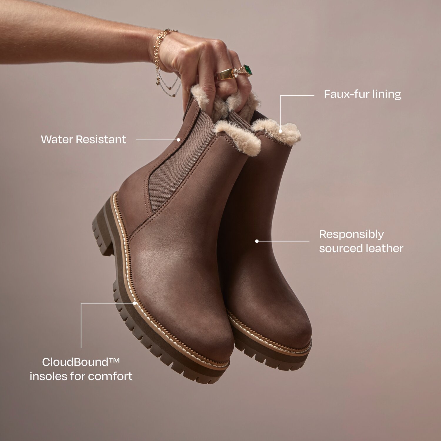 Bennet Boot shown. Water Resistant. Faux-fur lining. Responsibly sourced leather. CloudBound trademarked insoles for comfort.
