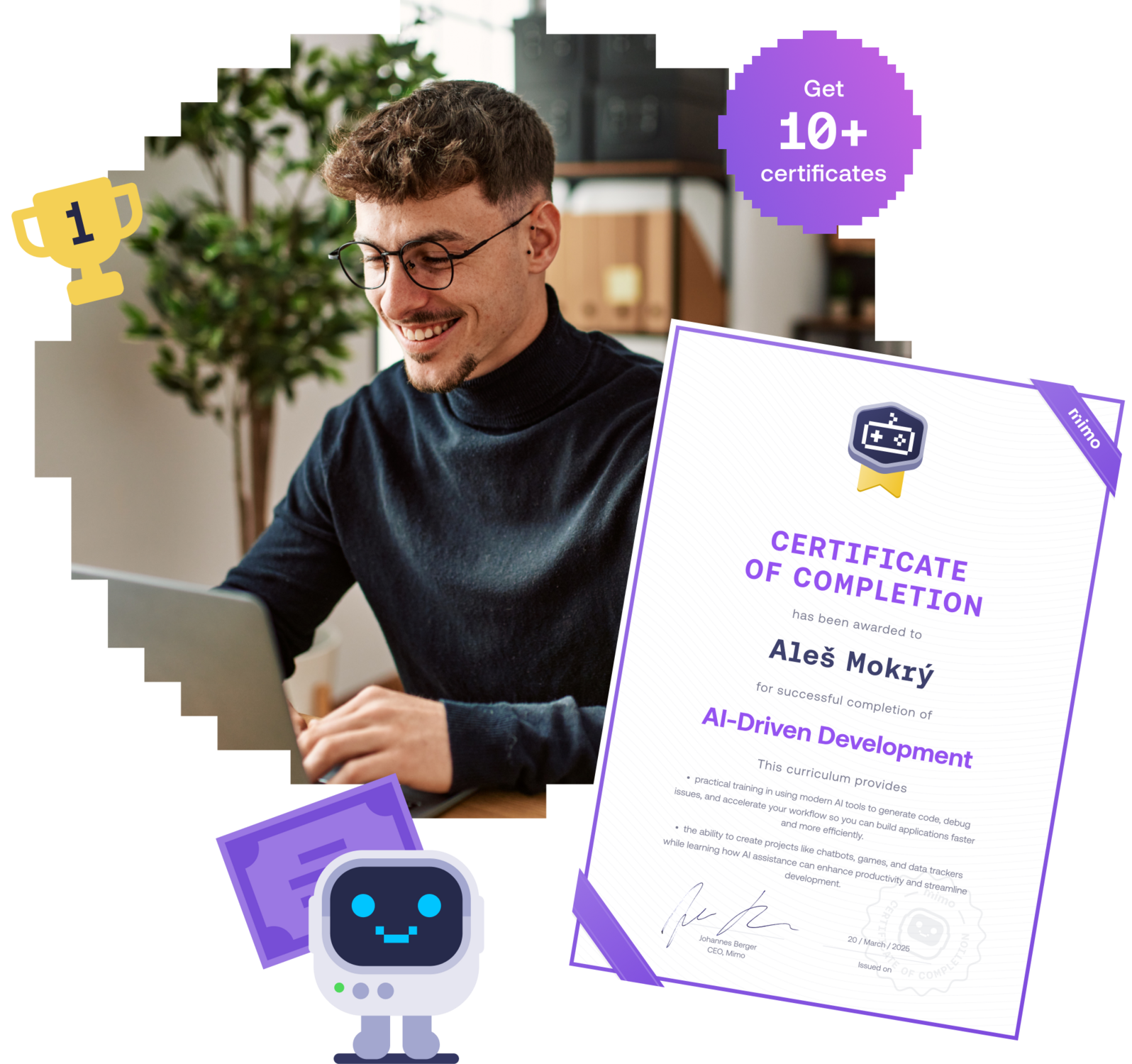 Man holding a smartphone and smiling beside a Mimo Certificate of Completion for Swift.