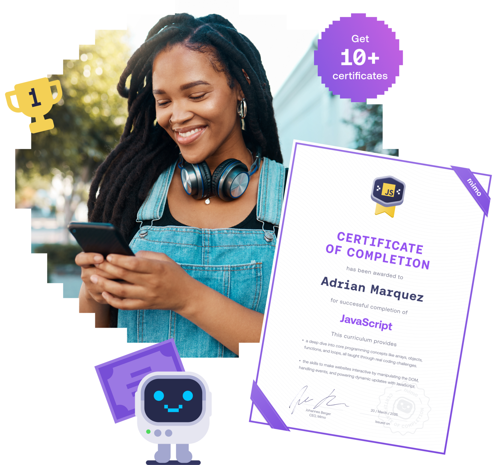 Woman holding a phone and smiling beside a Mimo Certificate of Completion for JavaScript.