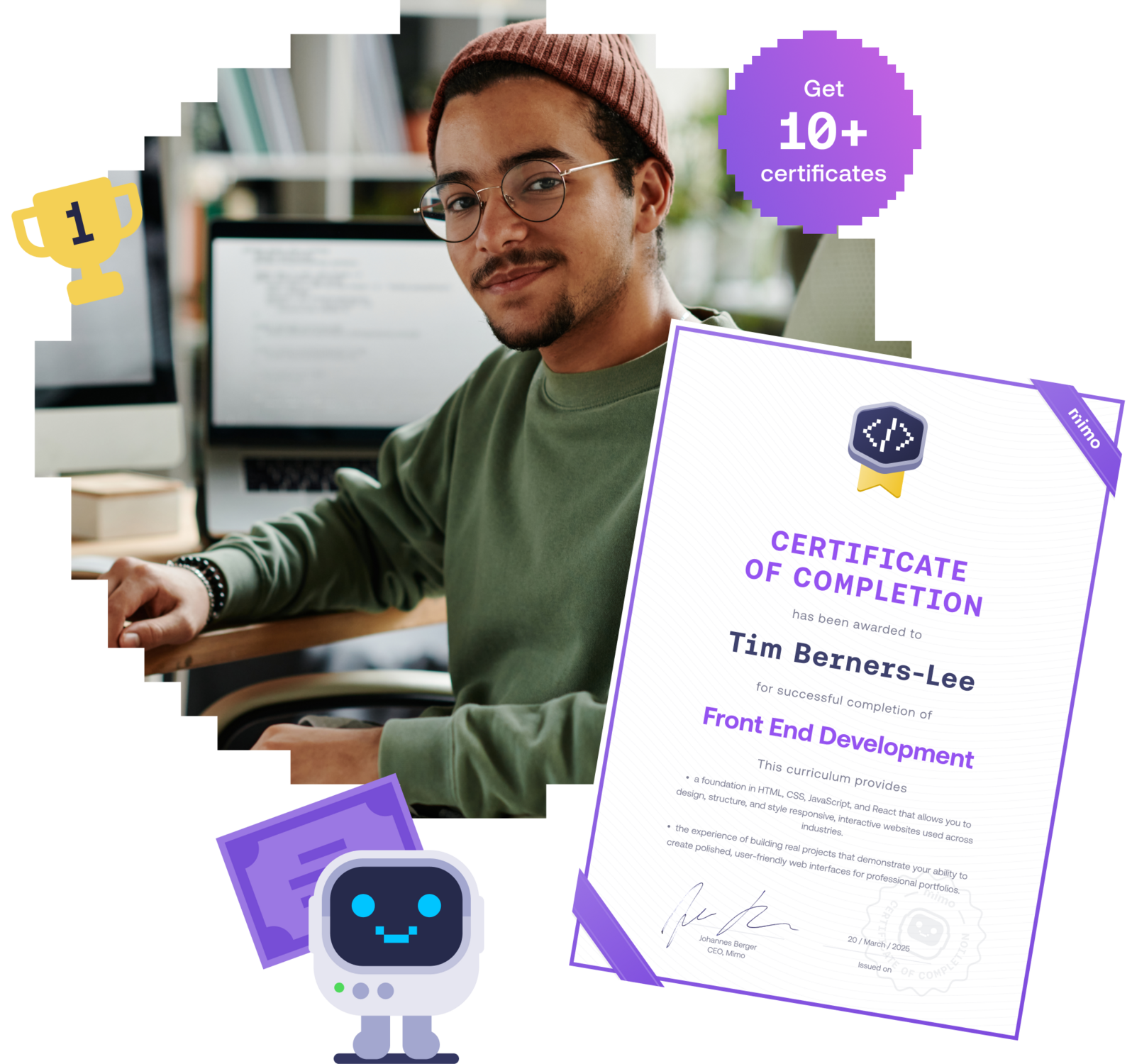 Person sitting at a computer, wearing glasses and a beanie, next to a Mimo Certificate of Completion for Front End Development.