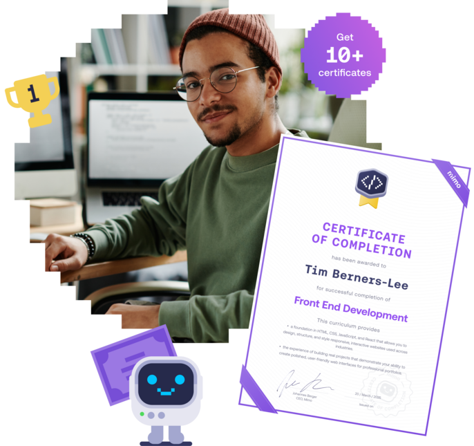 Person sitting at a computer, wearing glasses and a beanie, next to a Mimo Certificate of Completion for Front End Development.