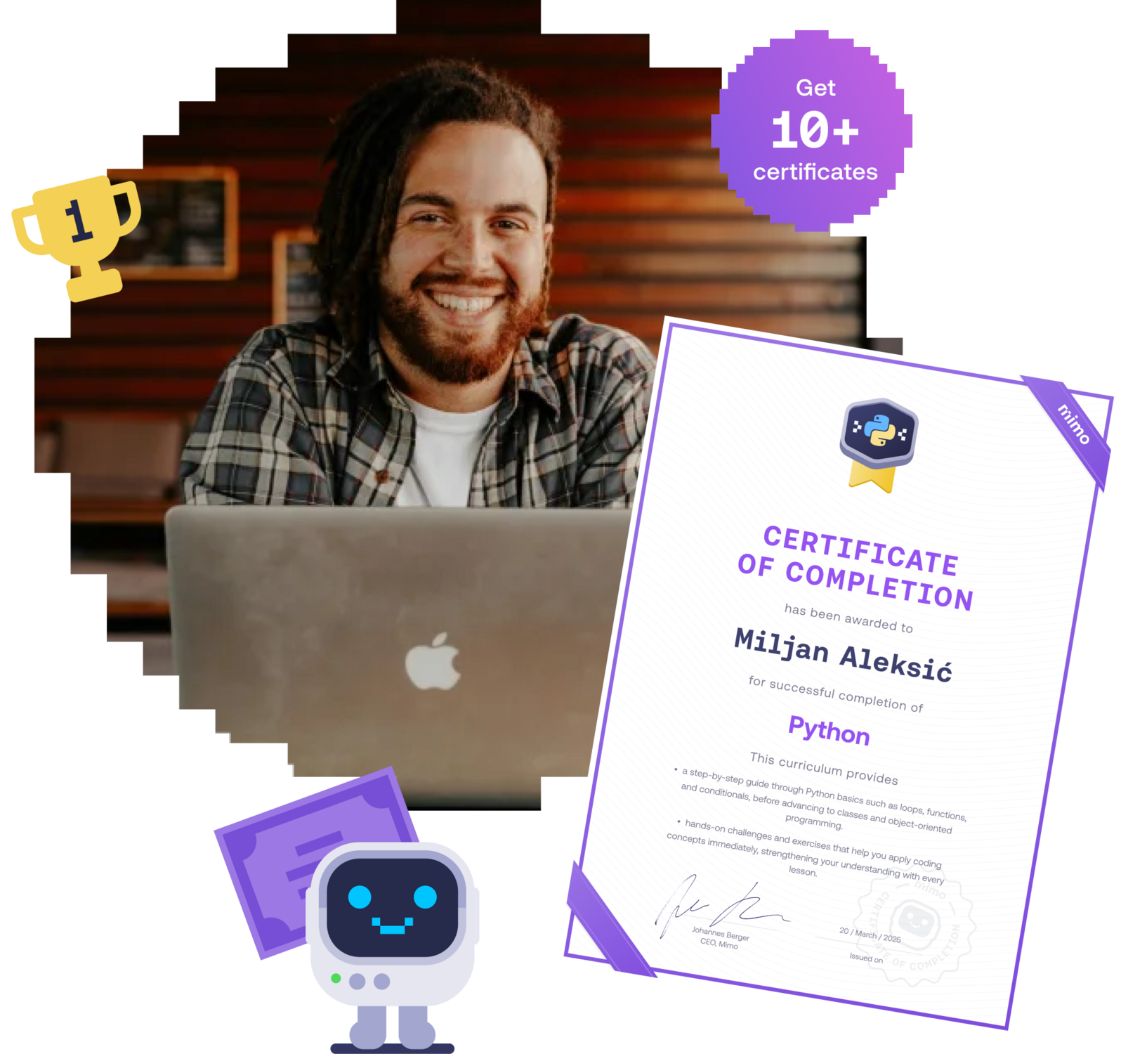 Man smiling while using a laptop beside a Mimo Certificate of Completion for Python.
