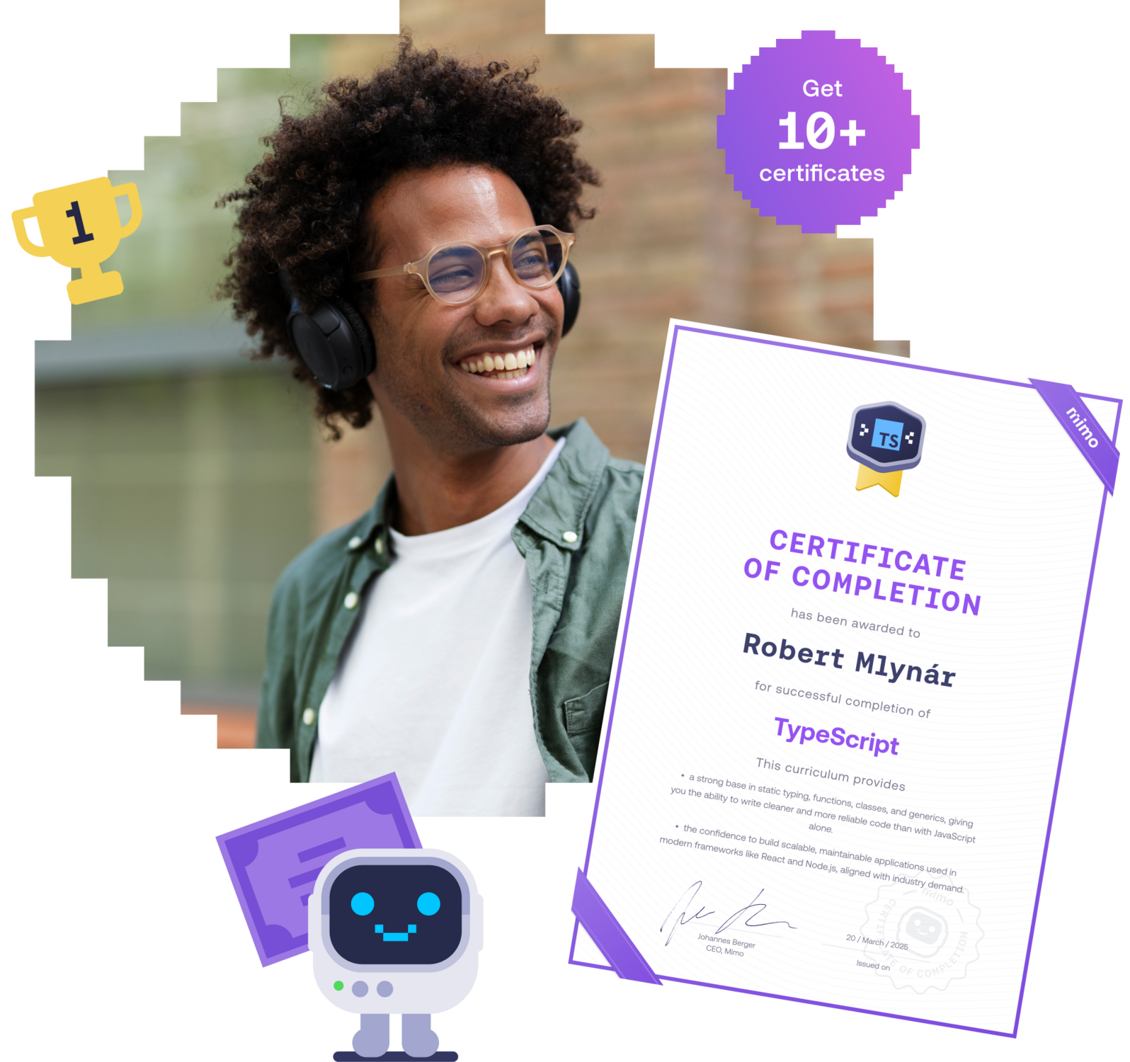 Man wearing headphones smiling outdoors next to a Mimo Certificate of Completion for TypeScript.