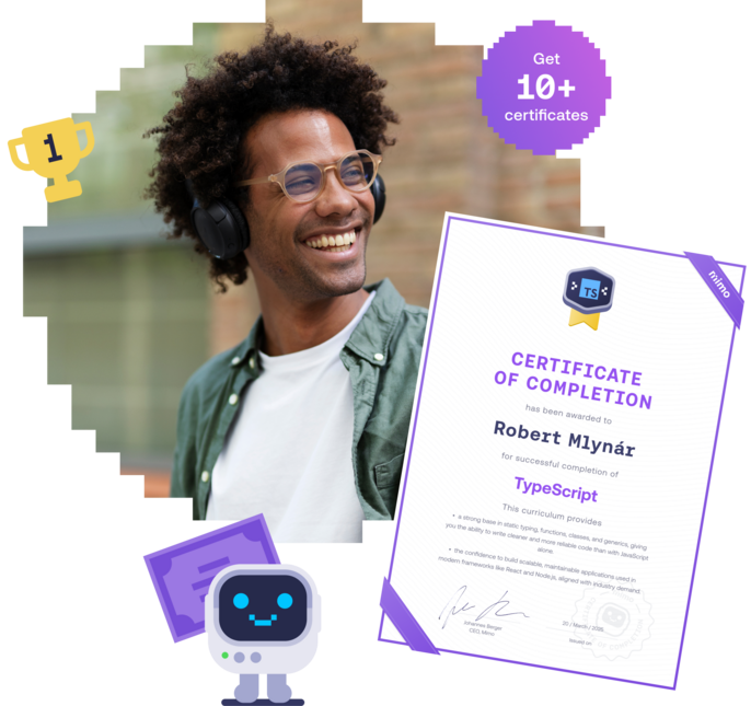 Man wearing headphones smiling outdoors next to a Mimo Certificate of Completion for TypeScript.