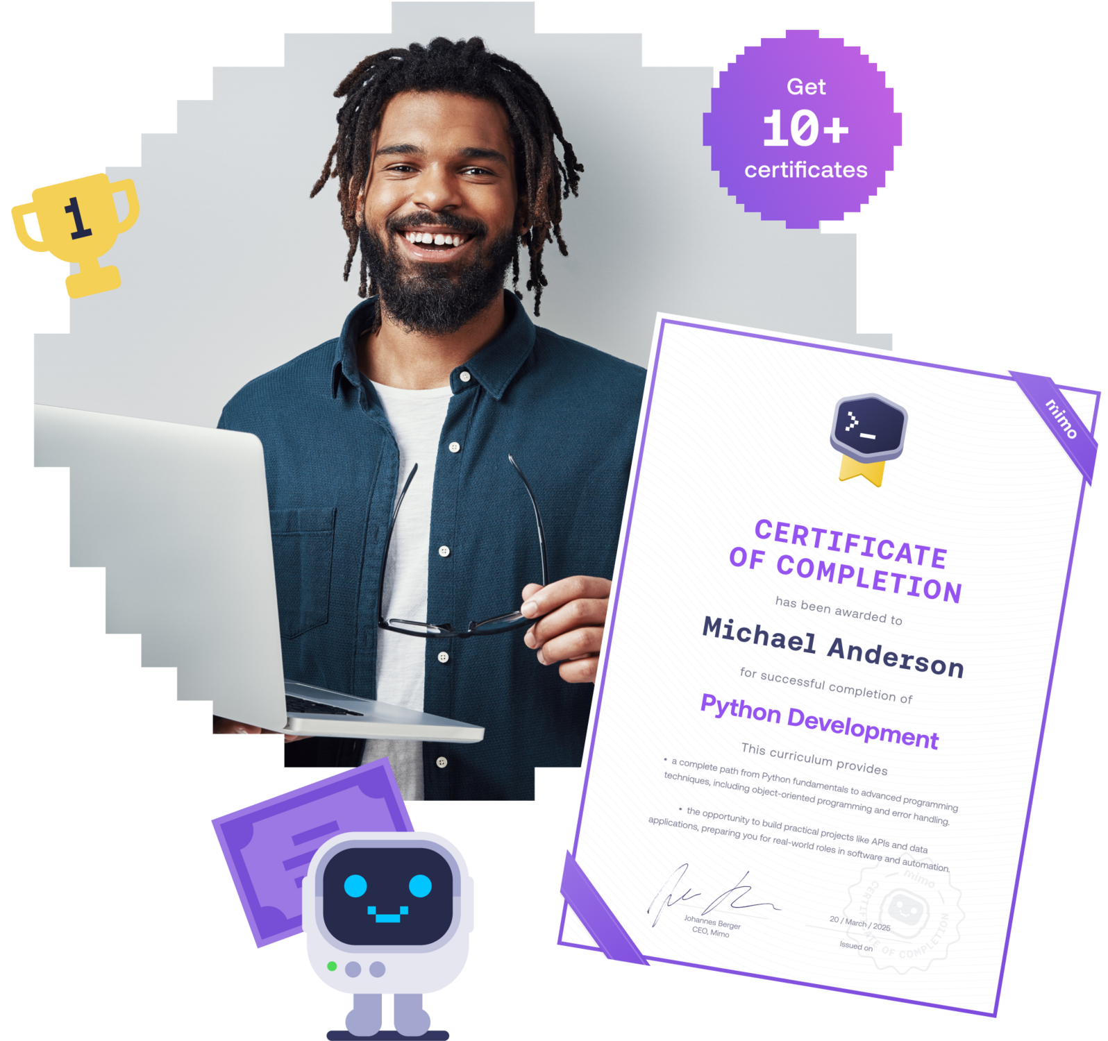 Man with a laptop smiling confidently next to a Mimo Certificate of Completion for Python Development.