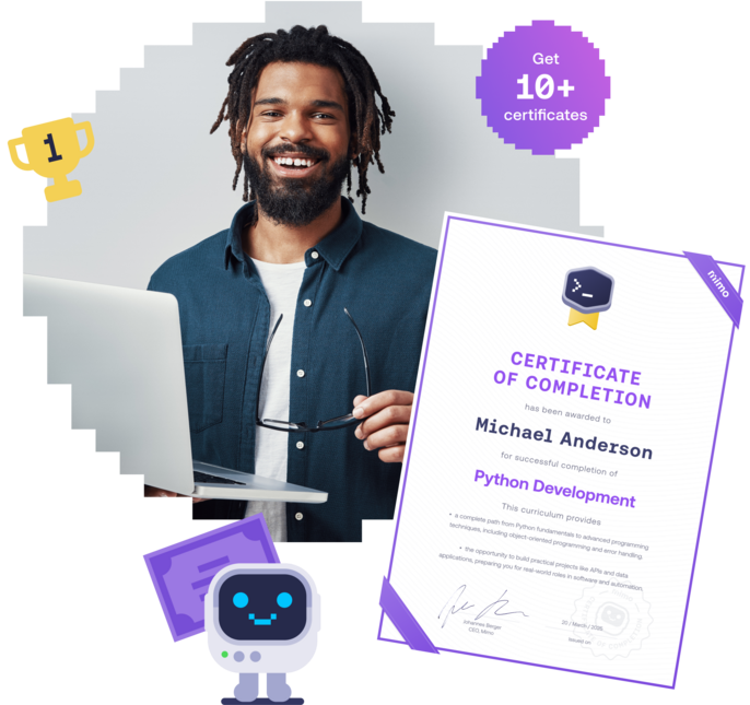 Man with a laptop smiling confidently next to a Mimo Certificate of Completion for Python Development.