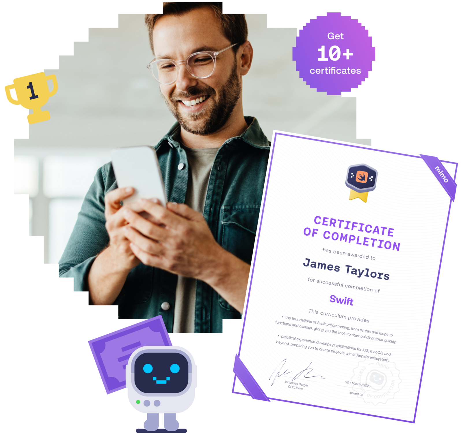 Man holding a smartphone and smiling beside a Mimo Certificate of Completion for Swift.