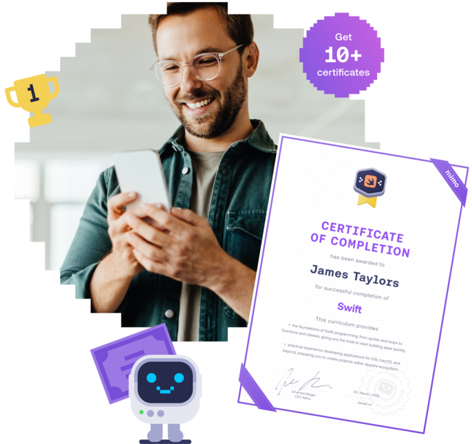 Man holding a smartphone and smiling beside a Mimo Certificate of Completion for Swift.