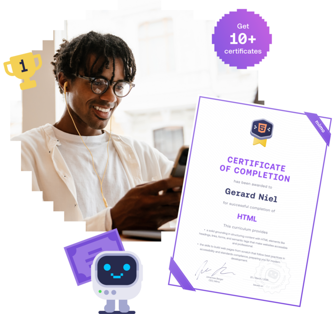Man using a phone indoors beside a Mimo Certificate of Completion for HTML.