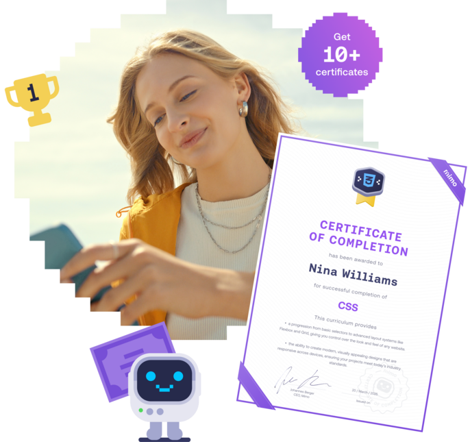 Woman smiling while checking her phone, next to a Mimo Certificate of Completion for CSS.