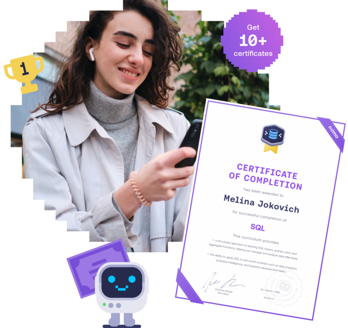 Woman outdoors using her phone beside a Mimo Certificate of Completion for SQL.