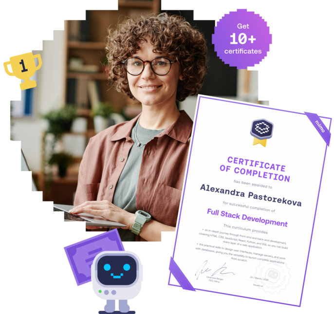 Woman smiling confidently while holding a tablet beside a Mimo Certificate of Completion for Full Stack Development.