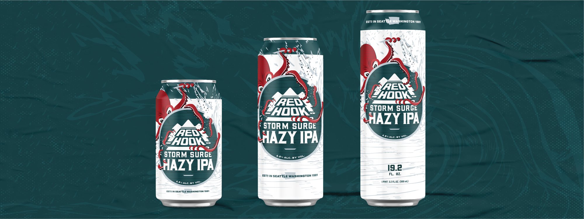Redhook Storm Surge Hazy IPA three can sizes with teal, red, and white labels. 