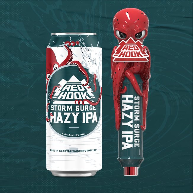 Redhook Storm Surge Hazy IPA can and tap handle on dark teal background