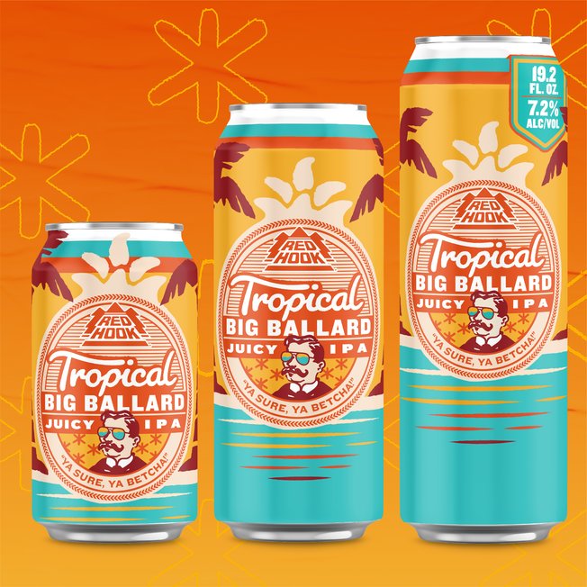 Redhook Tropical Big Ballard Juicy IPA cans on orange background