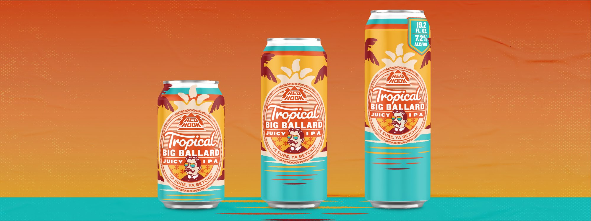 Tropical Big Ballard Juicy IPA cans on orange and blue background