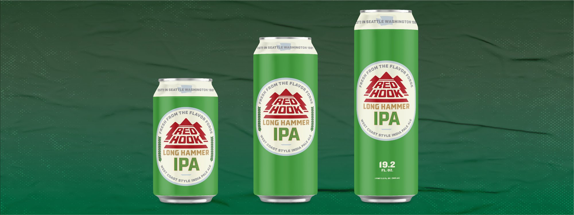Redhook Extra Longer Hammer IPA or Long Hammer India Pale Ale three different product sizes with red and green labels. 