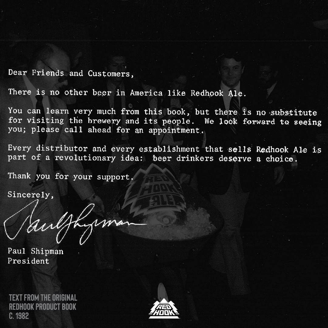 Letter from Paul Shipman, the president of Redhook, in 1982, expressing his love for the people in the brewery and the support that has been offered by the community.
