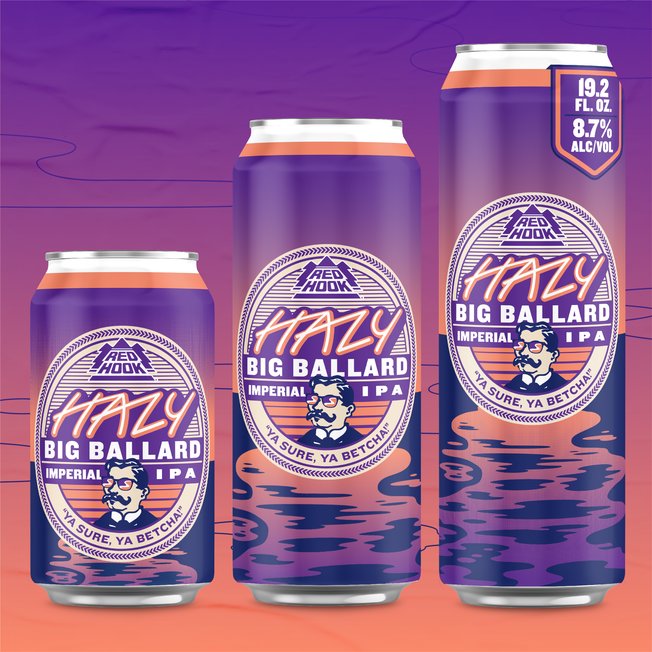 Redhook Hazy Big Ballard Imperial IPA cans on purple and pink background